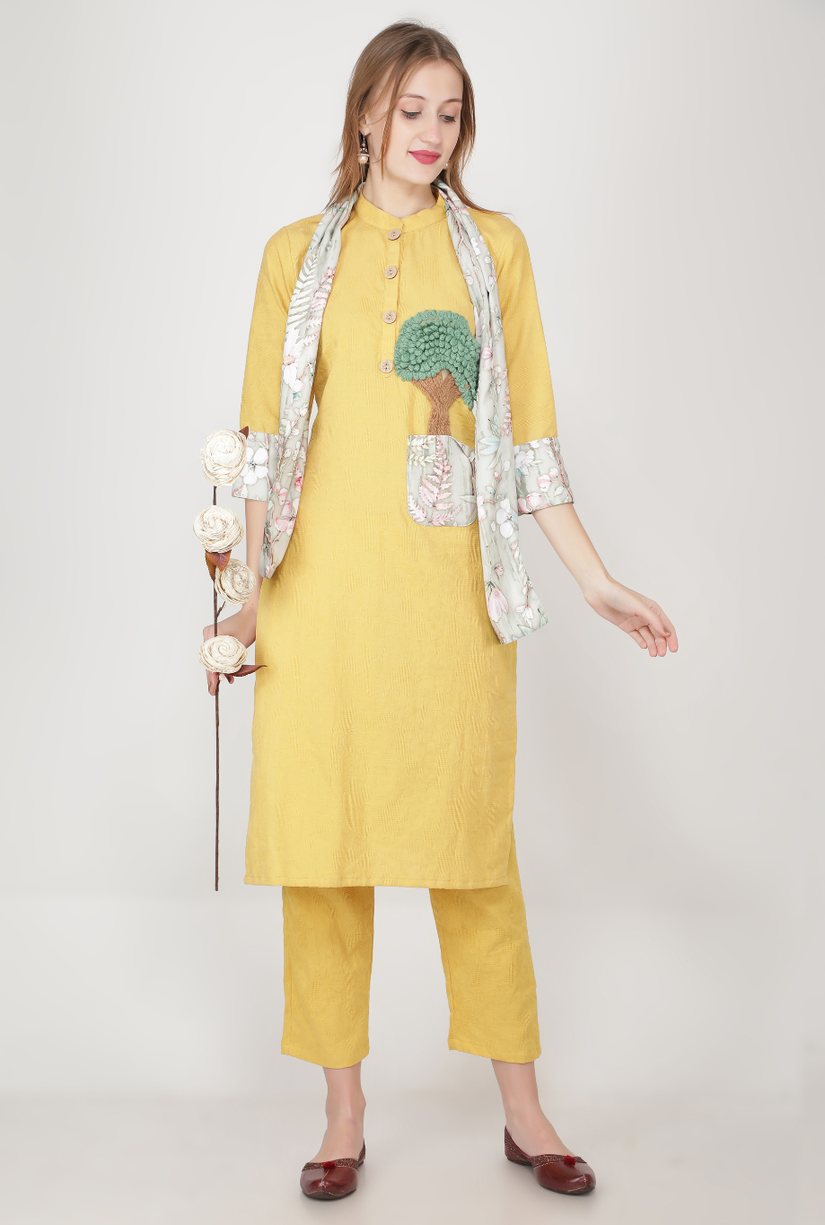 Embroidered Tree Kurta Set with Floral Dupatta