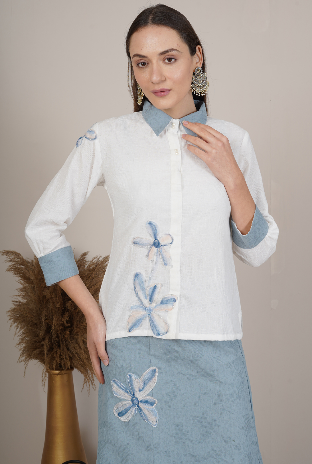 Floral Embroidered Collar Shirt with Matching Skirt