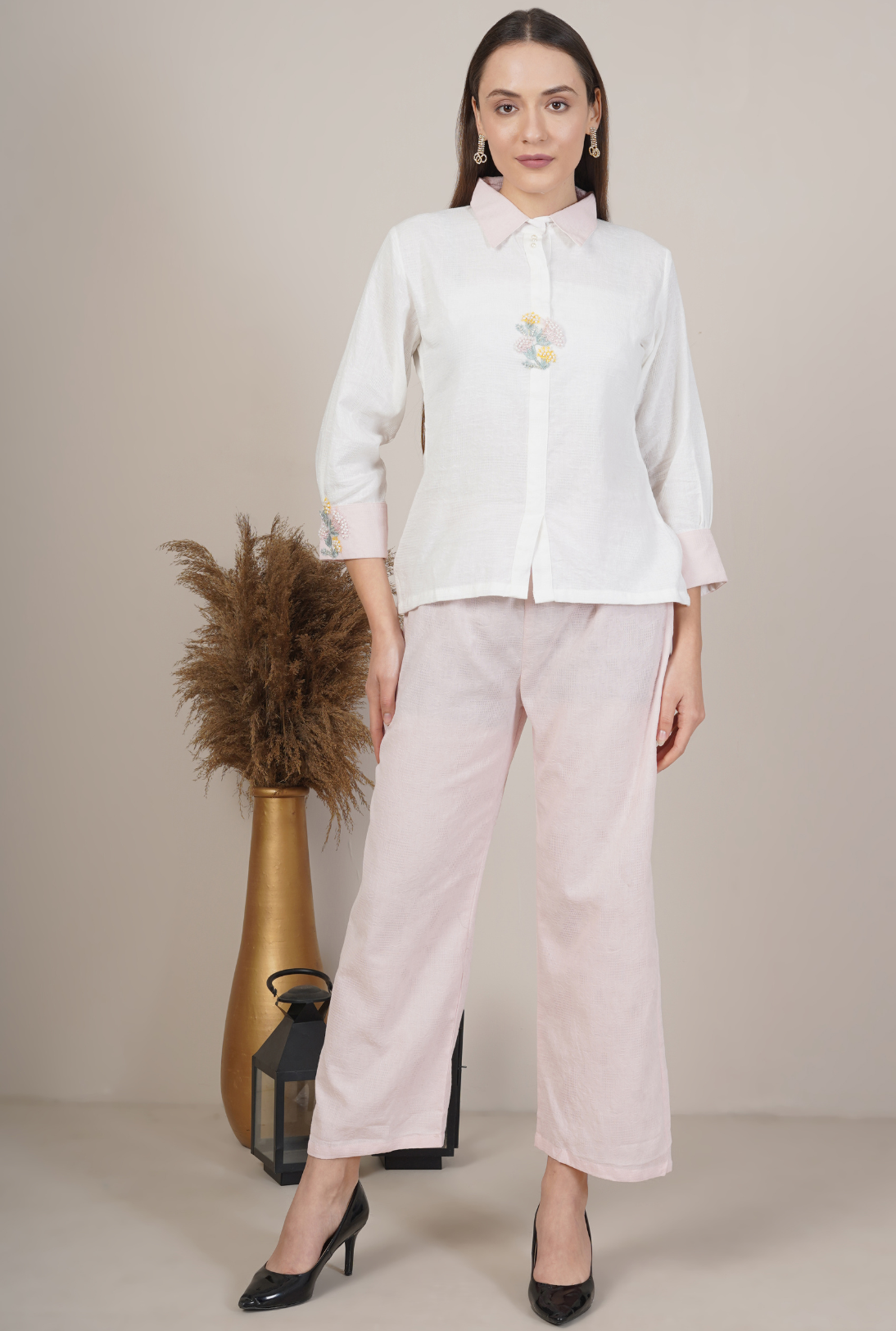 Embroidered Collar Shirt and Trouser Set