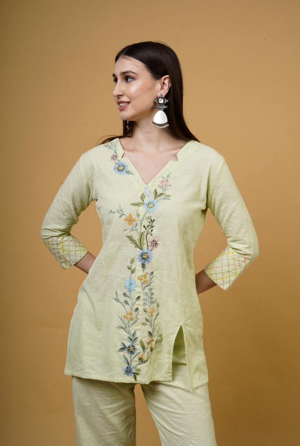 Floral Embroidered V-Neck Co-ord Set