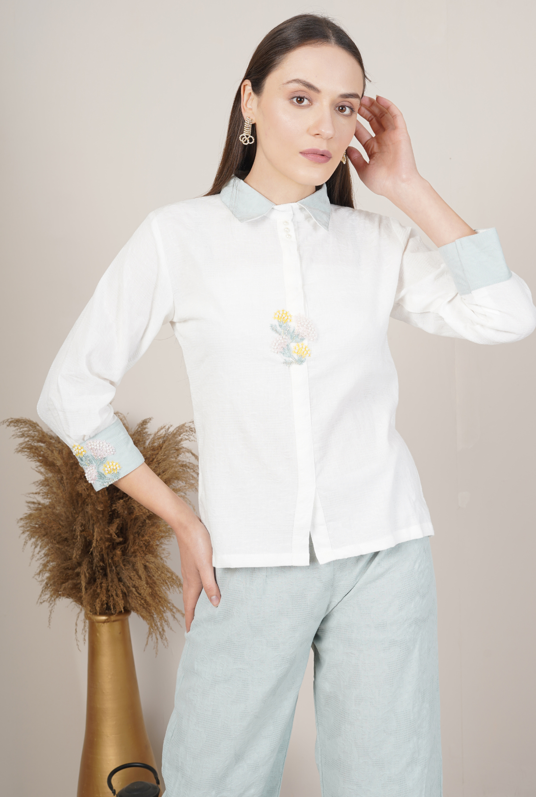 Embroidered Collar Shirt and Trouser Set