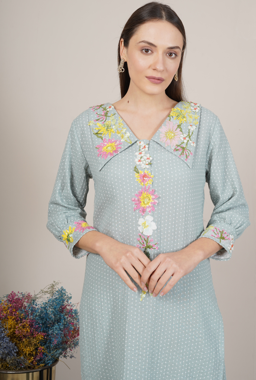 Dot Floral Embroidered Kurta Set