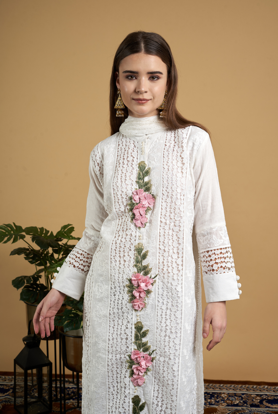 Kurta with Pink Floral Embroidery