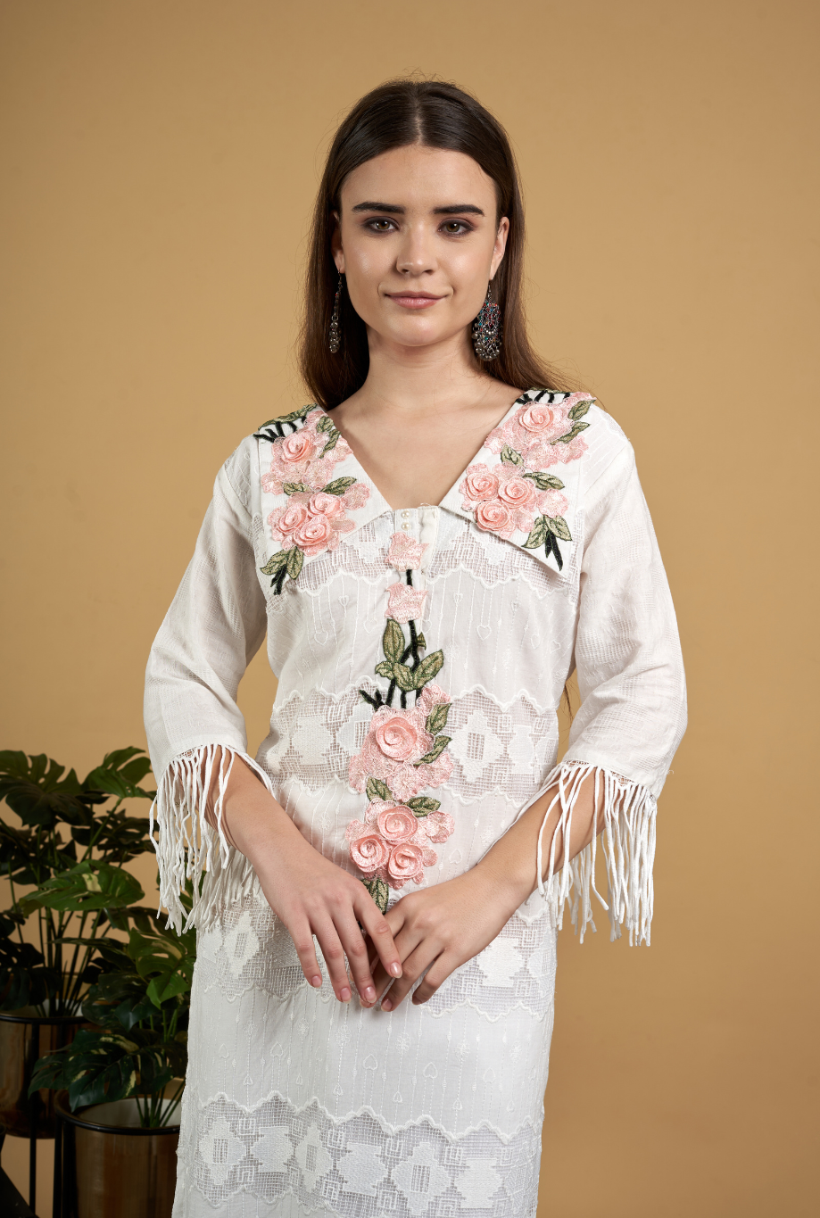 Floral Lace Kurta with Fringe