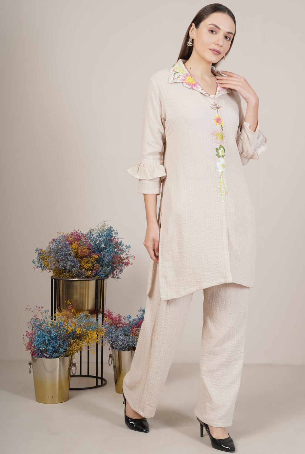 Dot Embroidered Floral Collar Shirt