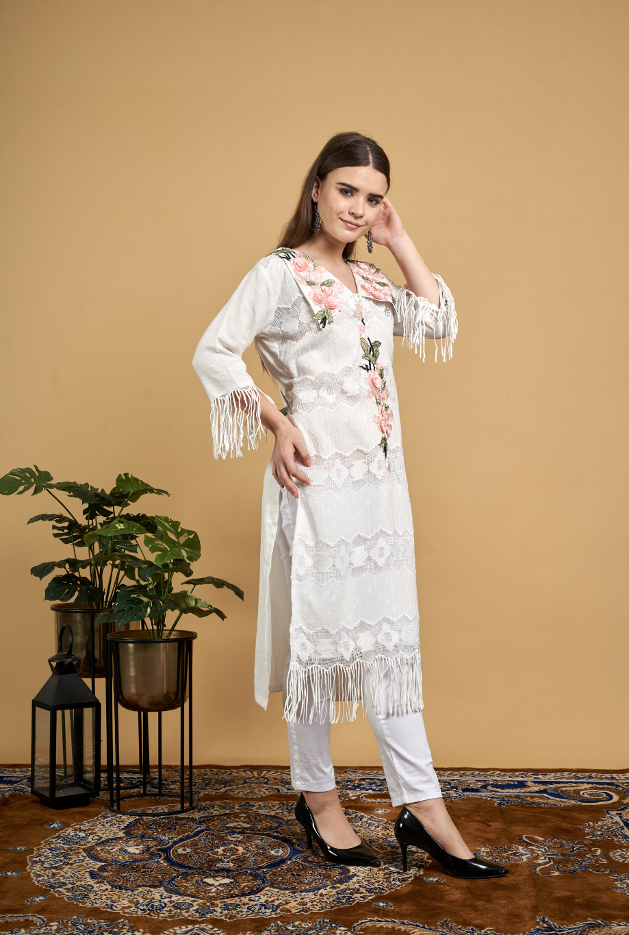 Floral Lace Kurta with Fringe