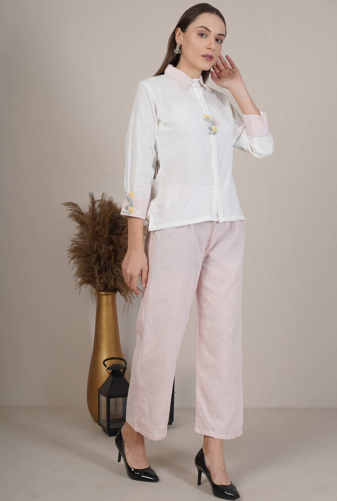 Embroidered Collar Shirt and Trouser Set