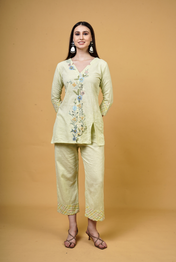 Floral Embroidered V-Neck Co-ord Set