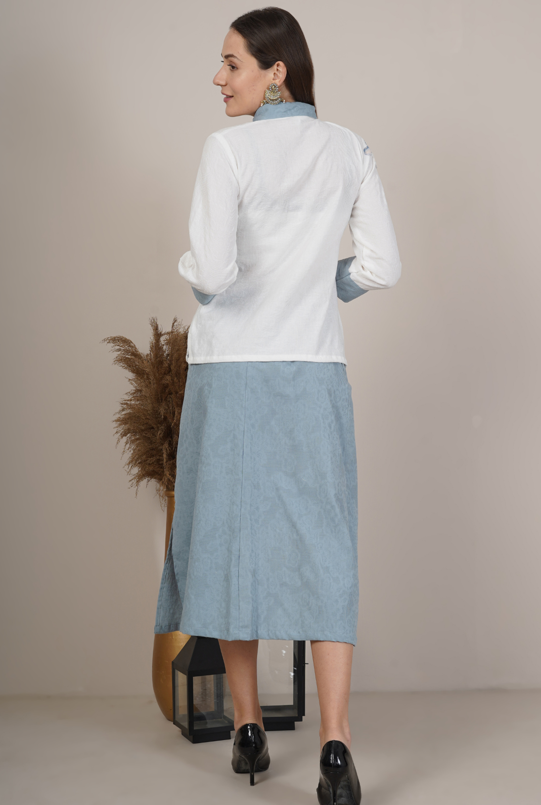 Floral Embroidered Collar Shirt with Matching Skirt