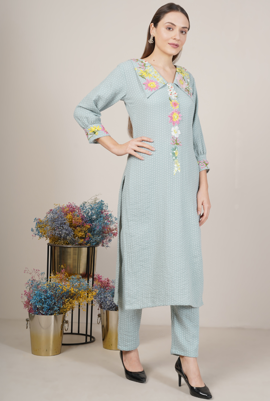 Dot Floral Embroidered Kurta Set