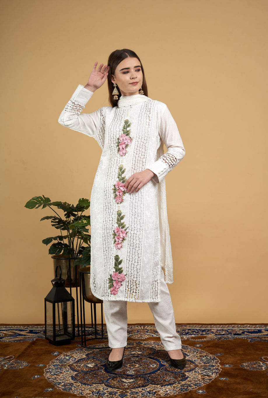 Kurta with Pink Floral Embroidery