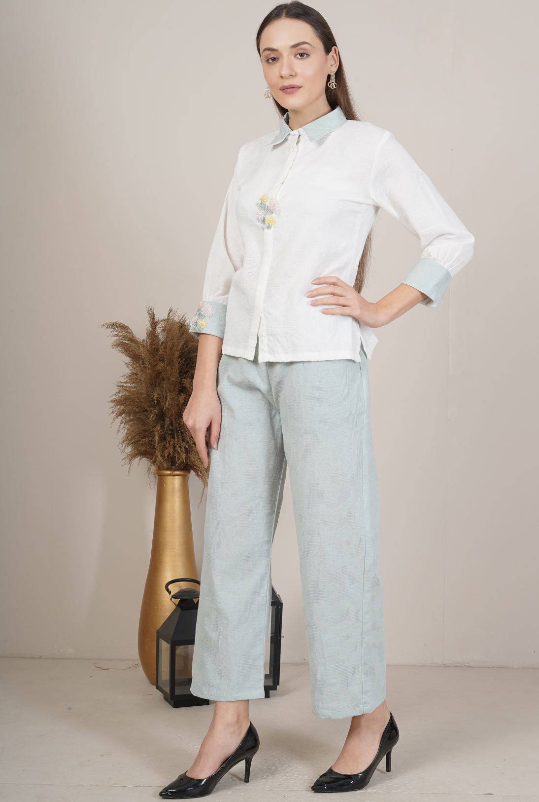 Embroidered Collar Shirt and Trouser Set