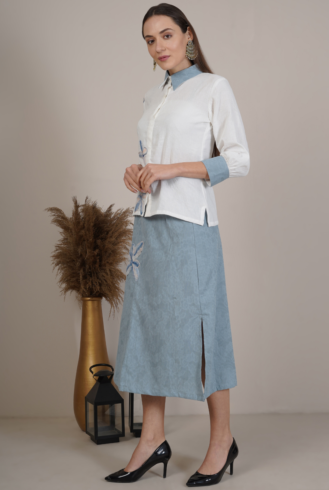 Floral Embroidered Collar Shirt with Matching Skirt