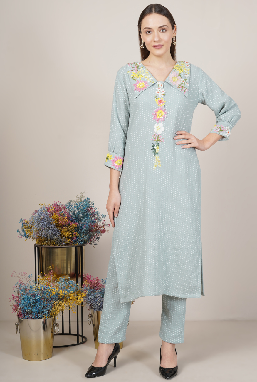 Dot Floral Embroidered Kurta Set