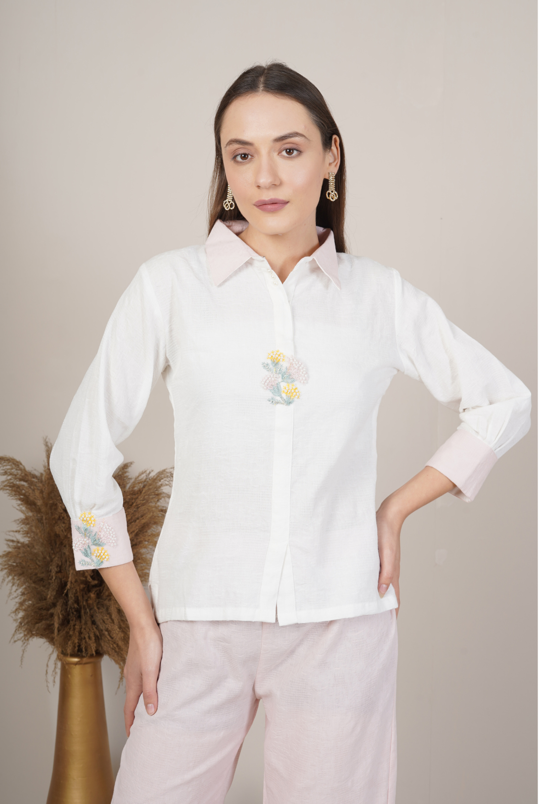 Embroidered Collar Shirt and Trouser Set