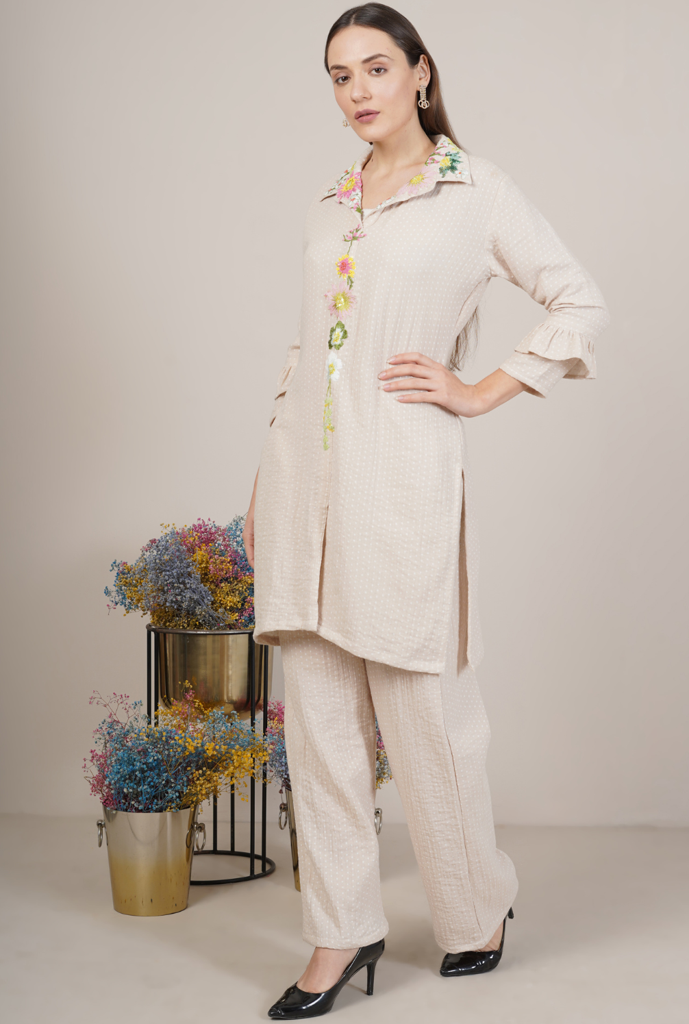 Dot Embroidered Floral Collar Shirt