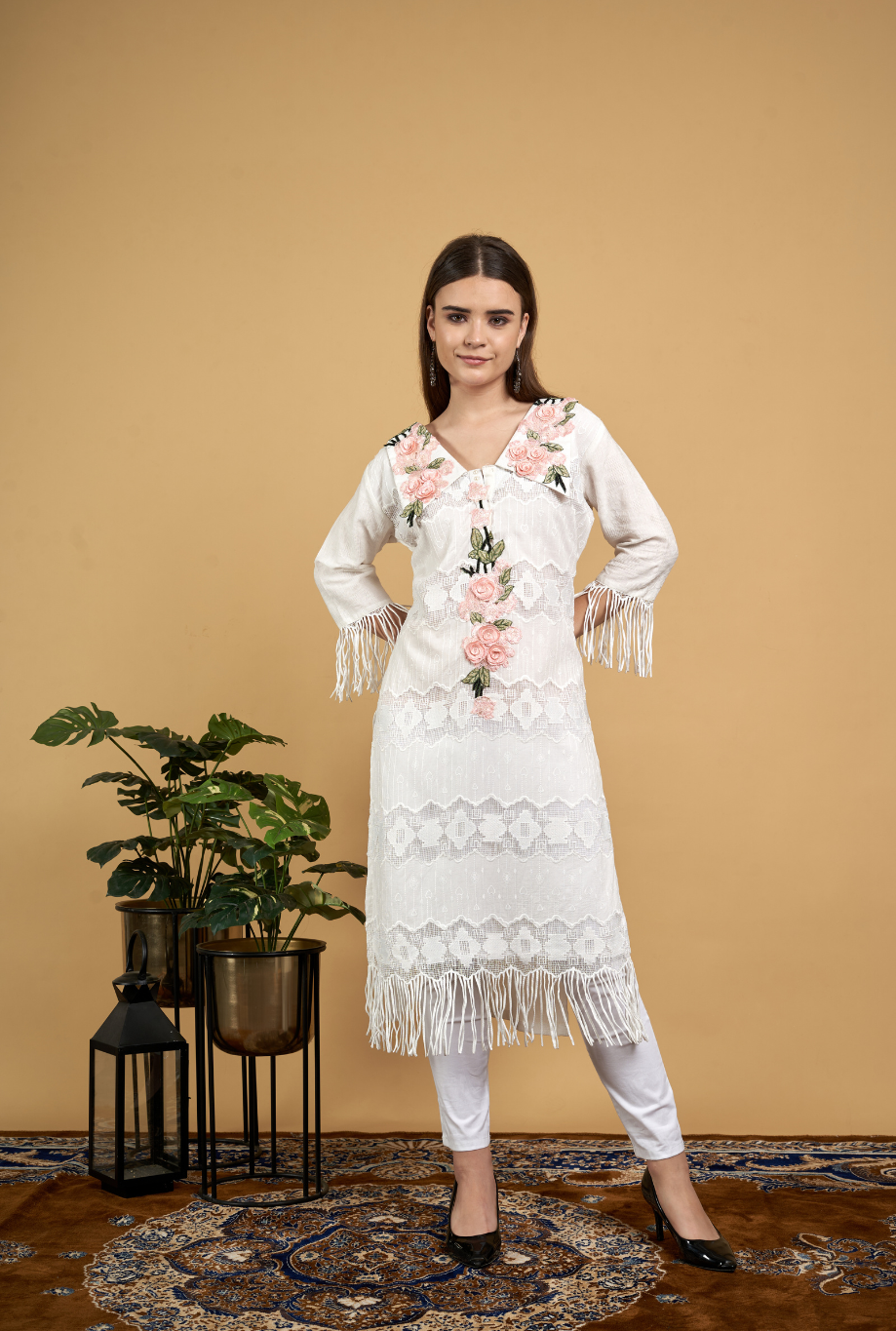 Floral Lace Kurta with Fringe