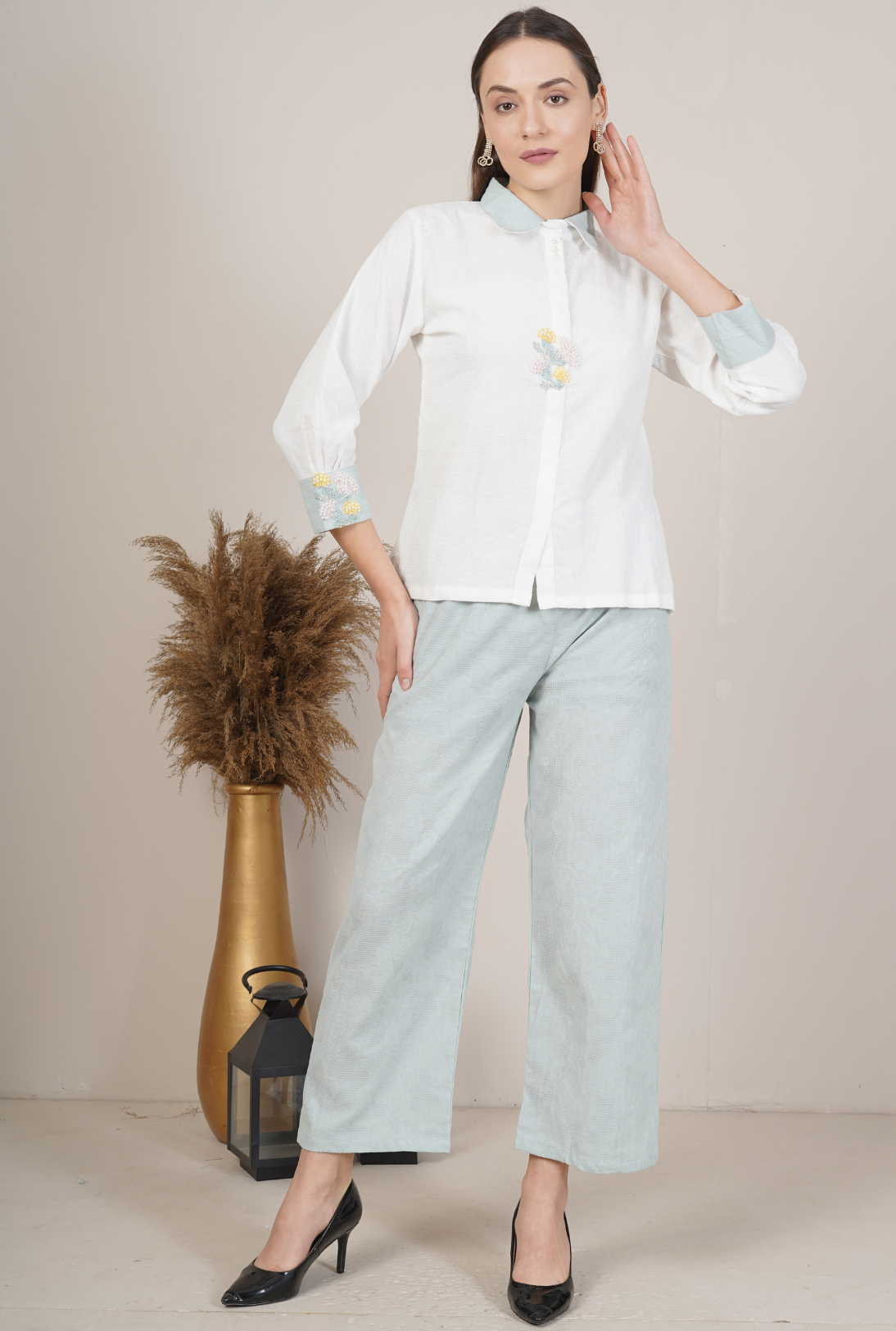 Embroidered Collar Shirt and Trouser Set