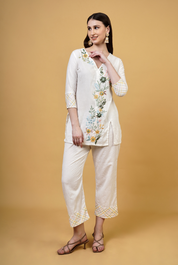 Floral Embroidered V-Neck Co-ord Set