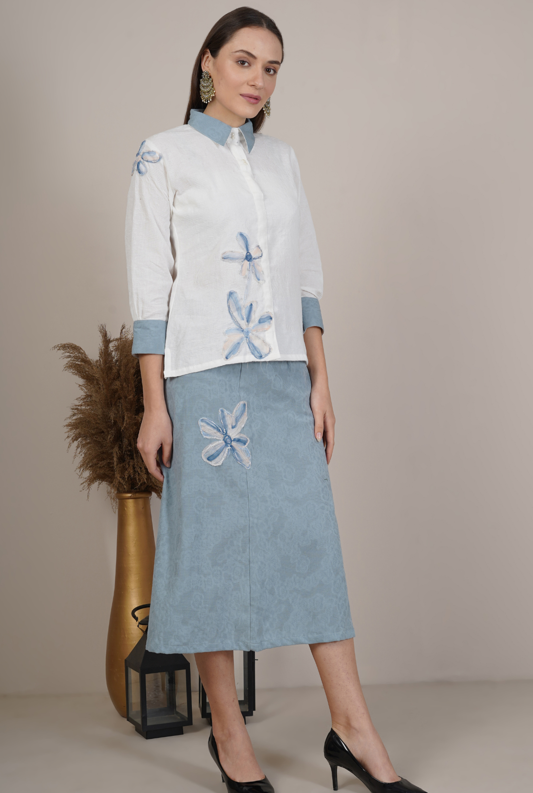 Floral Embroidered Collar Shirt with Matching Skirt
