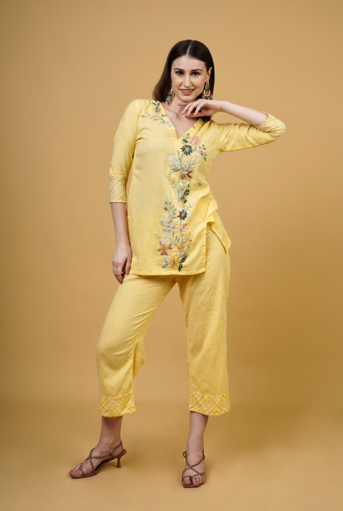 Floral Embroidered V-Neck Co-ord Set