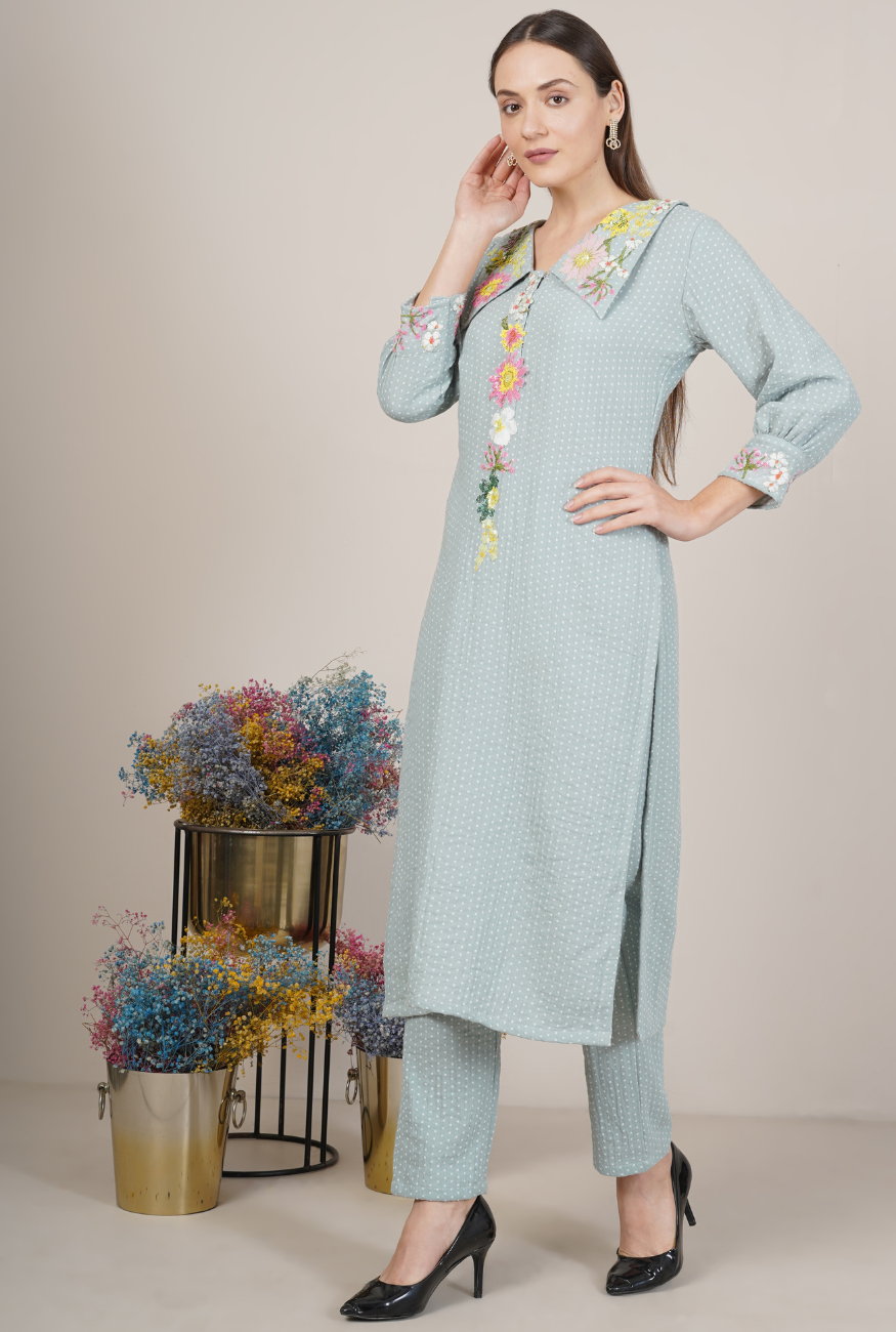Dot Floral Embroidered Kurta Set