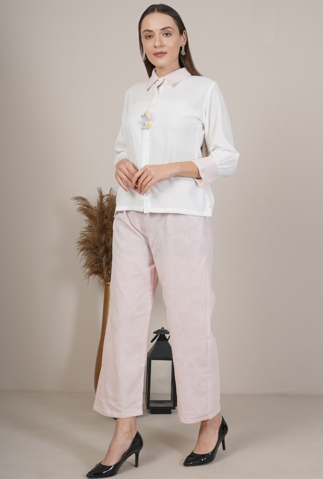 Embroidered Collar Shirt and Trouser Set