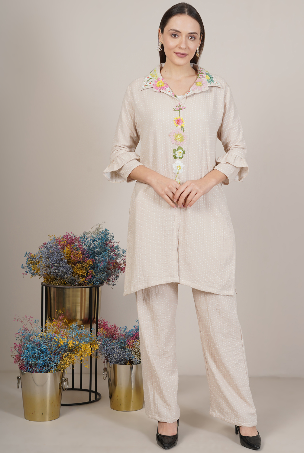 Dot Embroidered Floral Collar Shirt