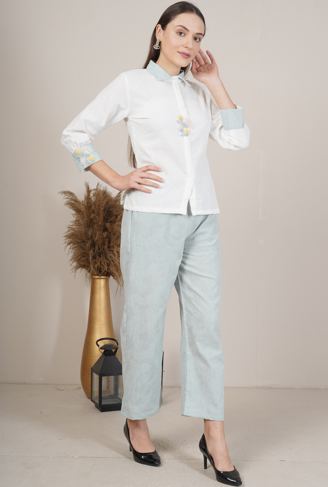 Embroidered Collar Shirt and Trouser Set