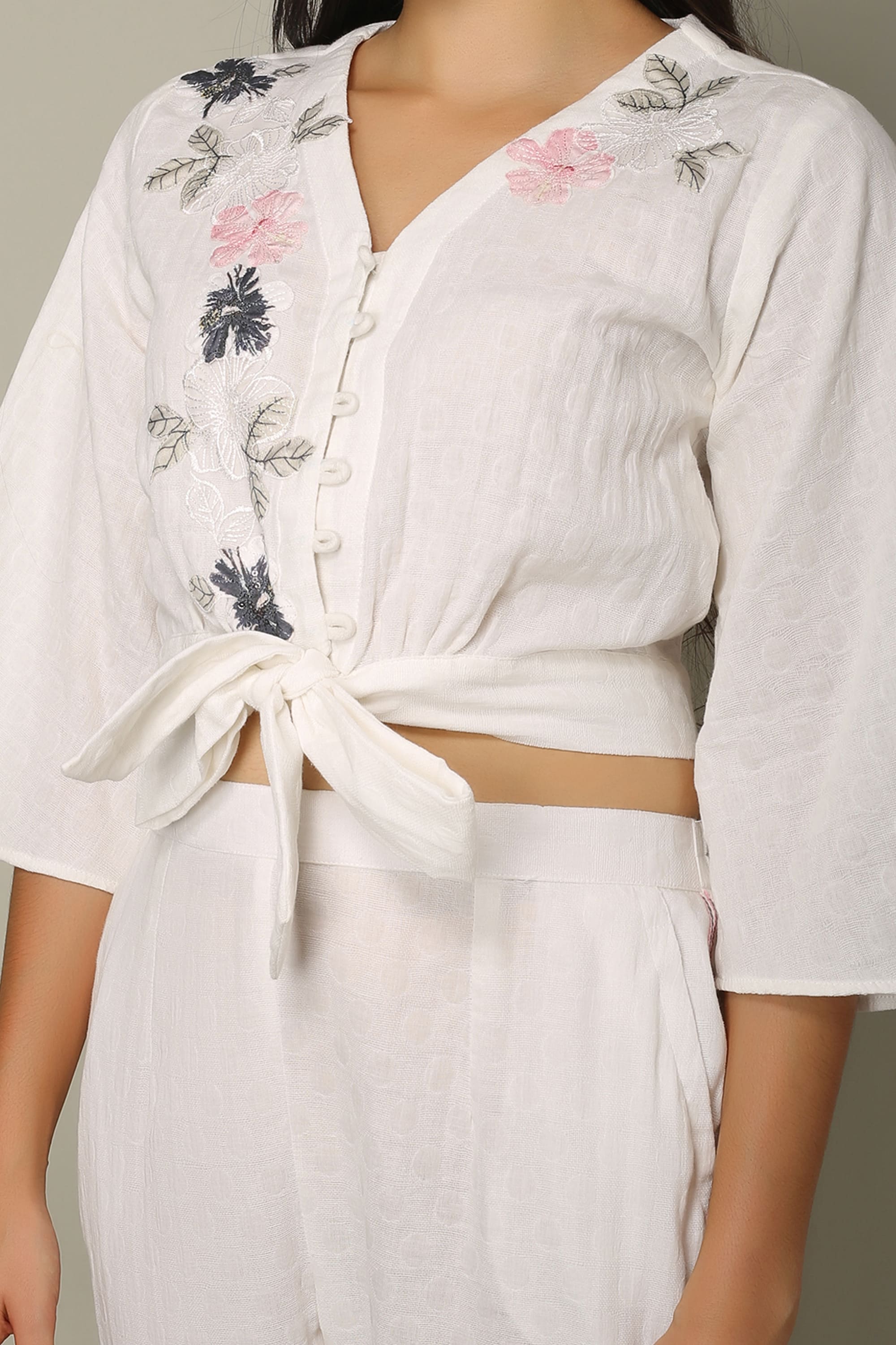 Floral Embroidered Tie-Front Co-ord Set