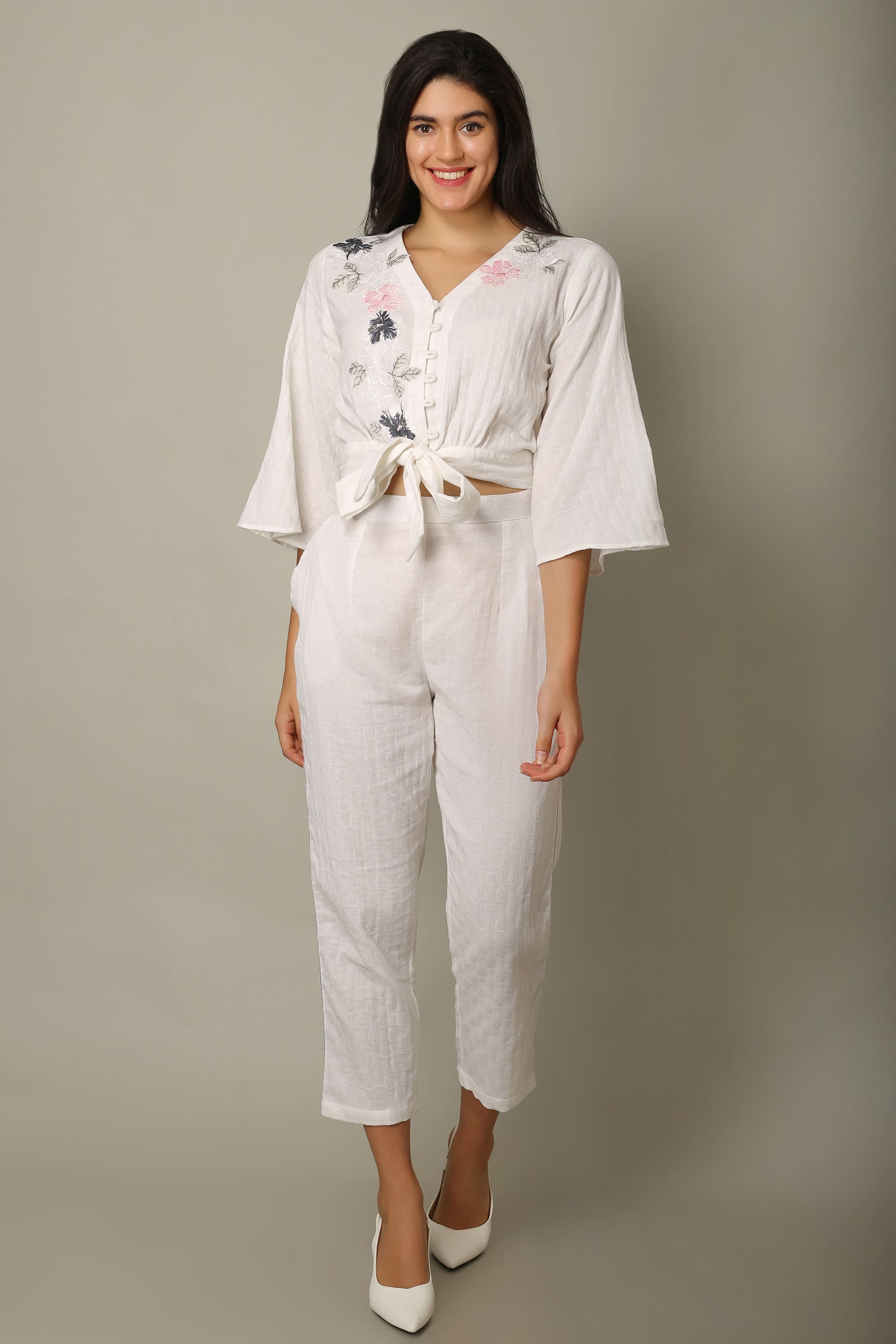 Floral Embroidered Tie-Front Co-ord Set